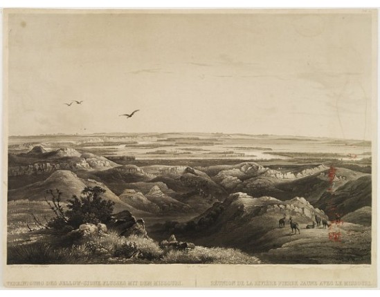 BODMER, C. - Réunion de la riviere Pierre Jaune avec le Missouri. BODMER, C. - Réunion de la riviere Pierre Jaune avec le Missouri.