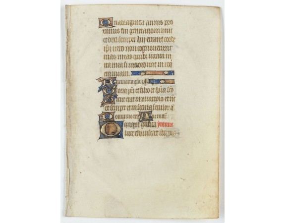 RECTO: 14 lines of text. One 2-line in burnished gold and colours and six 1-line initials in gold and colours, two line-fillers. VERSO: As recto but three 1-line initials and line-fillers.