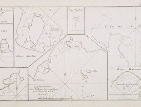 COOK, Captain James. -  Cap Providence avec la Baye et les mouillages . . . / Anse St. David / Baye de l'Isle / Havre Swallow / Baye Puzzling / Baye du Cap Upright / Baye Dauphina. Tome I Pl. 4.