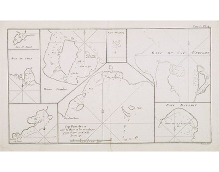 COOK, Captain James. - Cap Providence avec la Baye et les mouillages . . . / Anse St. David / Baye de l'Isle / Havre Swallow / Baye Puzzling / Baye du Cap Upright / Baye Dauphina. Tome I Pl. 4. COOK, Captain James. - Cap Providence avec la Baye et les mouillages . . . / Anse St. David / Baye de l'Isle / Havre Swallow / Baye Puzzling / Baye du Cap Upright / Baye Dauphina. Tome I Pl. 4.