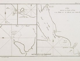 COOK, Captain James. -  Côte depuis la Baye d'York a la Baye et au Havre des Trois Isles / Baye St. David / Baye d'Elizabeth et la Baye en dessous des Isles. Tome I Pl. 5.