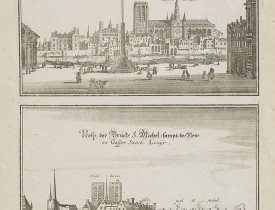 MERIAN, C. -  Prosp. dess Platzes de la Greve, undt der Kirche de Nostre Dame/ Prosp. Der Brücke S. Michel, sampt de... Gassen Sanct Louÿs. [ Notre Dame. Pont St. Michel ].