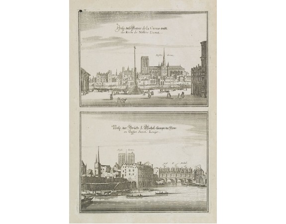 MERIAN, C. -  Prosp. dess Platzes de la Greve, undt der Kirche de Nostre Dame/ Prosp. Der Brücke S. Michel, sampt de... Gassen Sanct Louÿs. [ Notre Dame. Pont St. Michel ].