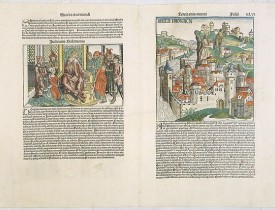 SCHEDEL, H. -  Anglie Provincia (Tercia estas mundi XLVI recto) / Salomon's genealogy tree /(XLVI verso) / Genealogy tree & Abner & Joab (XLVII recto) / Judgment of Solomon (XLVII verso).