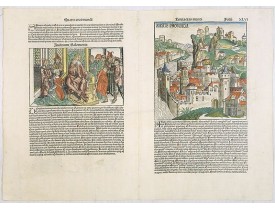 SCHEDEL, H. -  Anglie Provincia (Tercia estas mundi XLVI recto) / Salomon's genealogy tree /(XLVI verso) / Genealogy tree & Abner & Joab (XLVII recto) / Judgment of Solomon (XLVII verso).