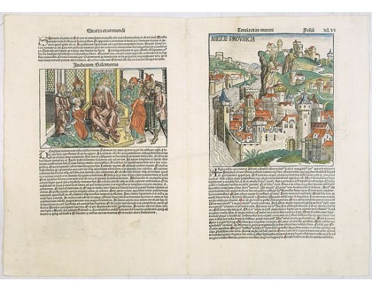 SCHEDEL, H. - Anglie Provincia (Tercia estas mundi XLVI recto) / Salomon's genealogy tree /(XLVI verso) / Genealogy tree & Abner & Joab (XLVII recto) / Judgment of Solomon (XLVII verso). SCHEDEL, H. - Anglie Provincia (Tercia estas mundi XLVI recto) / Salomon's genealogy tree /(XLVI verso) / Genealogy tree & Abner & Joab (XLVII recto) / Judgment of Solomon (XLVII verso).