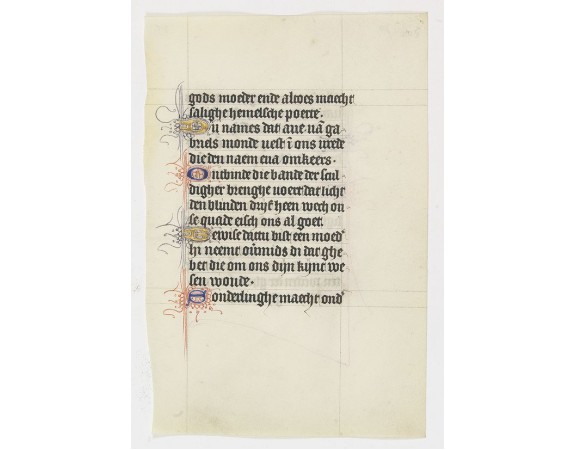 A leaf from a medieval manuscript Book of Hours, written in Utrecht.<br />Fourteen lines of monastic Textura script with 4 one-line initials in liquid gold or blue ink with extensive pen work in red or purple<br />VERSO: Fourteen lines of mona