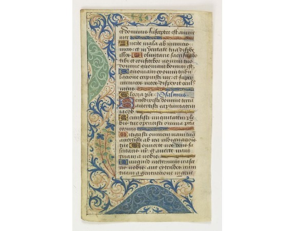 RECTO: with two 2-line capitals on red ground in blue, white and liquid gold. Beautifully illuminated with border panels cover three sides with floral designs of acanthus leaves painted in muted pastel colors and other flowers: roses, thistle and blue mor