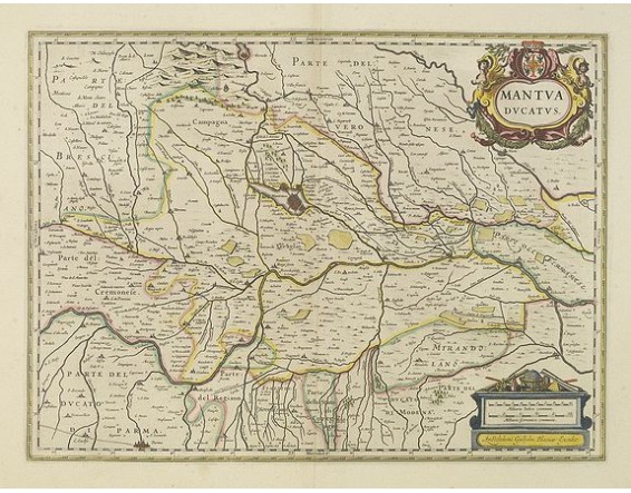 Centered on the town of Mantua.<br /><br />As Willem Blaeu died in 1638 most of his maps are actually published by his son Joan. This maps carries his (engraved) signature and was actually published in volume II of a French edition of his &quo