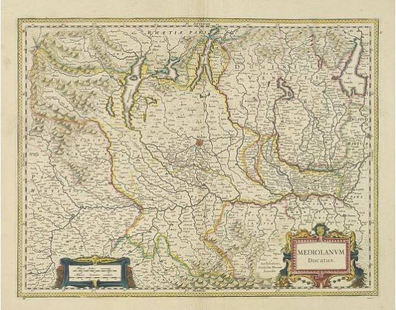 Very fine map centered on Milan Including Lake Como, Lake Garda, Lake Majore, Parma, etc.<br /><br />As Willem Blaeu died in 1638 most of his maps are actually published by his son Joan. This maps carries his (engraved) signature and was actua