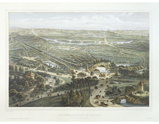 CHAPUY. - Vue générale du bois de Boulogne prise au dessus du Moulin de Longchamps. CHAPUY. - Vue générale du bois de Boulogne prise au dessus du Moulin de Longchamps.