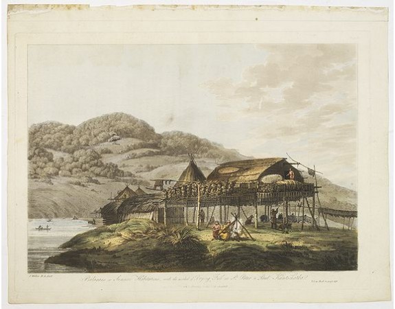 WEBBER, J. -  Balagans or summer habitations, with the method of drying fish at St. Peter and Paul, Kamtschatka.