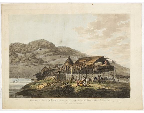 WEBBER, J. - Balagans or summer habitations, with the method of drying fish at St. Peter and Paul, Kamtschatka. WEBBER, J. - Balagans or summer habitations, with the method of drying fish at St. Peter and Paul, Kamtschatka.
