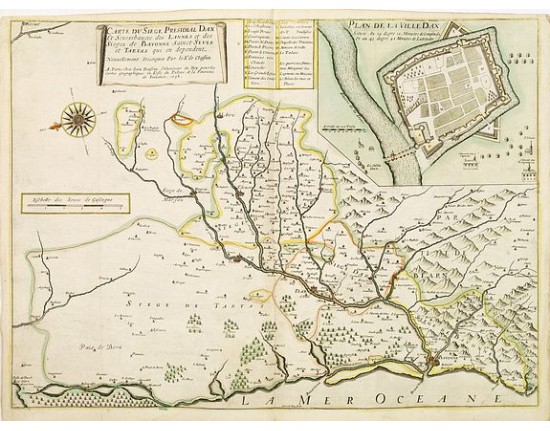 BOISSEAU, J. - Carte du siège Presidial Dax et Seneschaucee des Lannes et des Sieges de Bayonne Sainct Sever et Tartas qui en dependent / Nouvellement deseignee Par le Sr de Classun. BOISSEAU, J. - Carte du siège Presidial Dax et Seneschaucee des Lannes et des Sieges de Bayonne Sainct Sever et Tartas qui en dependent / Nouvellement deseignee Par le Sr de Classun.