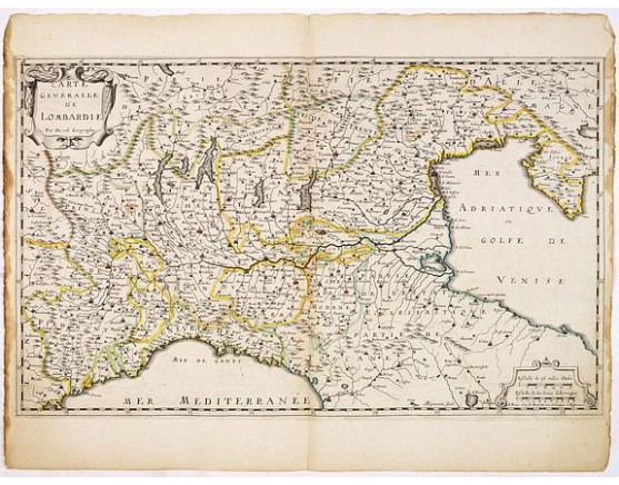 Fine map of Northern and middle part of Italy, engraved by A Peyrouin. According to the credit in the cartouche the map has been prepared by Pierre Duval.