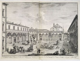 ZOCCHI, G. -  Veduta della Piazza della SS. Nunziata, Statua Equestre di Ferdinando Primo, Fonti, e Loggie Laterali.