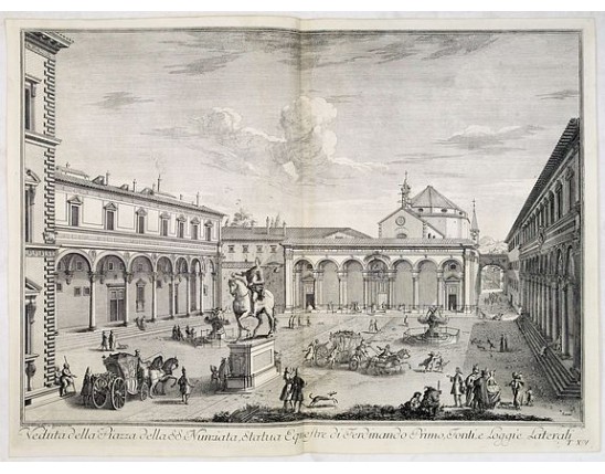 ZOCCHI, G. - Veduta della Piazza della SS. Nunziata, Statua Equestre di Ferdinando Primo, Fonti, e Loggie Laterali. ZOCCHI, G. - Veduta della Piazza della SS. Nunziata, Statua Equestre di Ferdinando Primo, Fonti, e Loggie Laterali.