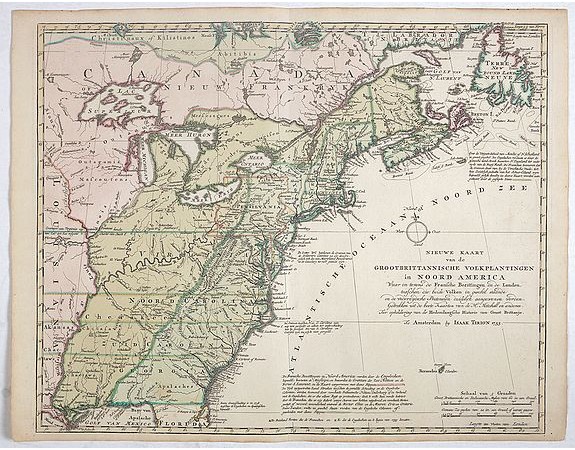 TIRION, I. - Nieuwe Kaart van de Grootbrittannische Volkplantingen in Noord America waar in Tevens de Fransche Bezittingen en de Landen tuschen die Beide Volken. . . TIRION, I. - Nieuwe Kaart van de Grootbrittannische Volkplantingen in Noord America waar in Tevens de Fransche Bezittingen en de Landen tuschen die Beide Volken. . .