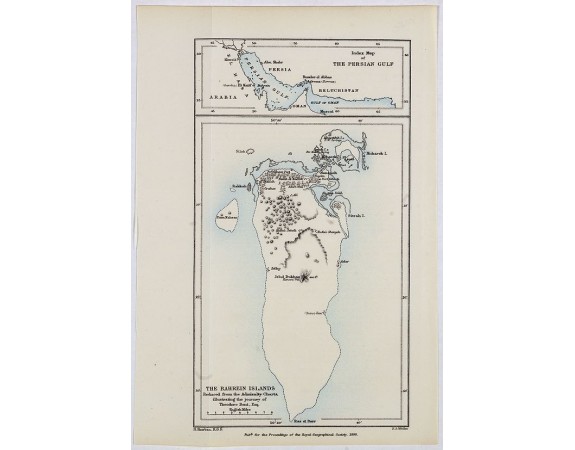 ROYAL GEOGRAPHICAL SOCIETY - The Bahrein Islands. Reduced from the admiraly Charts, illustrating the journey of Theodore Brent, Esq. ROYAL GEOGRAPHICAL SOCIETY - The Bahrein Islands. Reduced from the admiraly Charts, illustrating the journey of Theodore Brent, Esq.