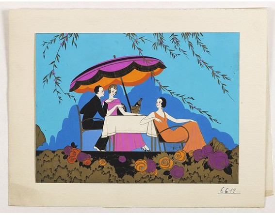 Outstanding "art deco" gouache (unsigned) from the workshop of "R. Pichon. Ateliers de Dessin et Lithographie – 10, rue Rochechouart – Paris. <br /><br />The gouache depict a scene of two elegant women and a man in a garden with