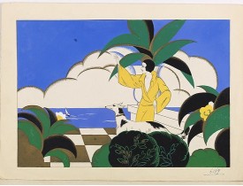 PICHON, Robert (Workshop). -  (Art déco gouache depicts an elegant woman with a dog in a garden)