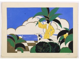 PICHON, Robert (Workshop). -  (Art déco gouache depicts an elegant woman with a dog in a garden)