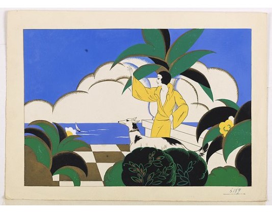 PICHON, Robert (Workshop). -  (Art déco gouache depicts an elegant woman with a dog in a garden)