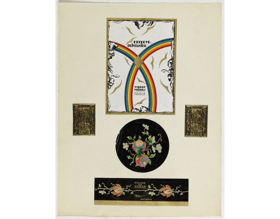 PICHON, Robert (Workshop). -  "Art déco" Five Lithographed perfume labels laid on an original cardboard sheet.