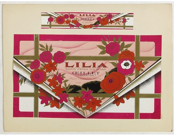Lithographed perfume label " Lilia Savon extra fin soap - Œillet (carnation) Paul Tranoy Paris N°725  " laid on original cardboard sheet. A striking example of commercial artworks produced by the artist and graphic designer Robert Pichon and his