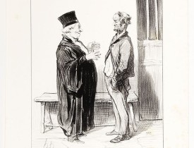 DAUMIER, H. -  Les Gens de Justice. - Ainsi donc, quoique j'vous avoue, entre nous, qu'cest moi qu'a volé la toquante au pere Jérôme . . . (pl 28)