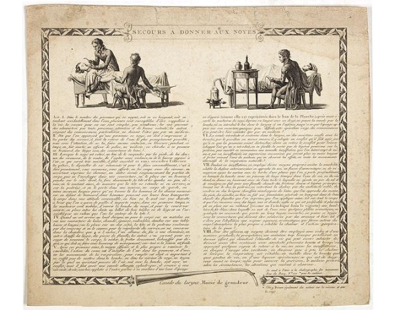 Etching and descriptive text about how to rescue a flooded person. <br /> Two vignettes related to the subject. Etching with letterpress by L. Baltard after himself.