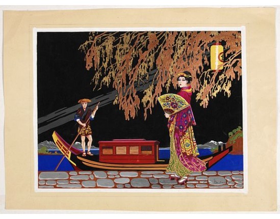 BAUBAUT, L. - Art Deco gouache with Japanese scene. BAUBAUT, L. - Art Deco gouache with Japanese scene.