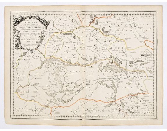 SANSON, N./ MARIETTE, P. -  Partie de Lithuanie ou est en partie le Palatinat de Nowogrodeck Litawiski, subdivisé en leurs Chastellenies , le Palatinat de Bressici en Polesie, avec les duchés de Neswies, et Slusck, et partie du Palatinat de Minsk.