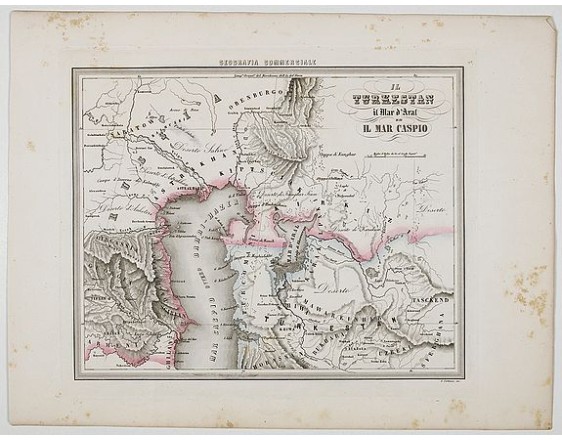 Uncommon map of Turkestan with the Northern part of the Caspian Sea, with part of present-day Uzbekistan in the lower right corner.&nbsp; in the prepared by Francesco Costantino Marmocchi. Above the map "Geografia Commerciale". From "Il