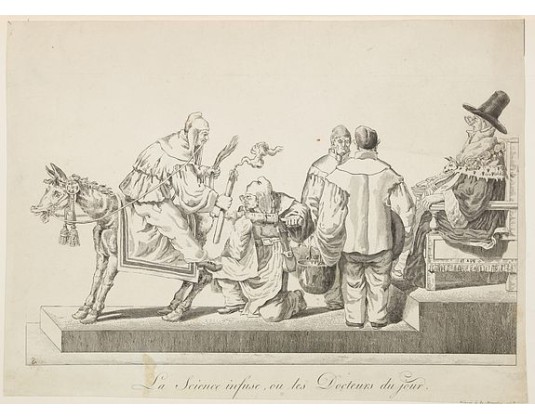Demonstrating the innate knowledge of science, a man is sitting backwards on a donkey holding its tail in one hand and a candle in the other; another man is about to administer a clyster to the startled donkey; two attendants stand ready with large kettle