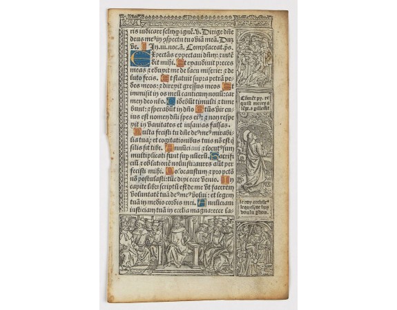 24 lines of printed text, surrounded by renaissance borders decorated with flowers, vases and religious scenes.<br>From the press of the leading Parisian publisher and illuminator Germain Hardouyn, active from c.1500/1505 to 1539/1541.<br />Be