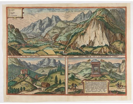 BRAUN,G. / HOGENBERG, F. -  Prospectus amoeniss. vallis Oeniponticae una cum antro in altissima et praeruptissima rupe Imp. Maximiliani primi. [on sheet with:] Schlosberg. die Clause in Alpibus Tirolensibus. [and:] Monument. occursus Imp. Caroli V. et Fer