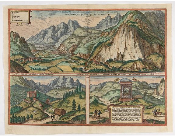 BRAUN,G. / HOGENBERG, F. -  Prospectus amoeniss. vallis Oeniponticae una cum antro in altissima et praeruptissima rupe Imp. Maximiliani primi. [on sheet with:] Schlosberg. die Clause in Alpibus Tirolensibus. [and:] Monument. occursus Imp. Caroli V. et Fer