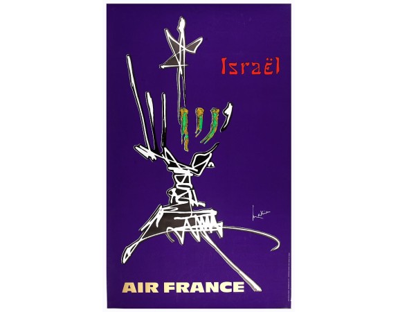 Decorative poster advertising flights to Israel made by Georges Mathieu. The poster is one of a series of 15 composed of posters of  Greece, Israel, Germany, Great Britain, Canada, Egypt, India, Japan, France, Italy, Mexico, South America, USA and Spain. 