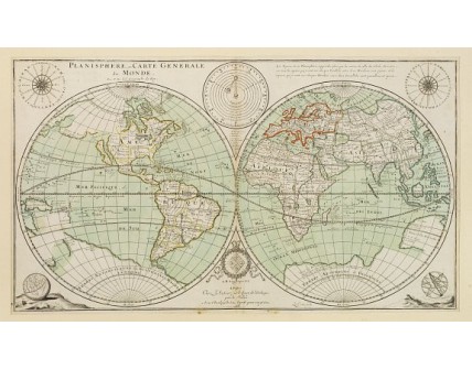 Deuxième état. Gravée par Louis Cordier. Océan rehaussée de vert. La californie est représentée comme une île. Les contours de l'Australie sont seulement esquissés. <br />- Second state. Engraved by Louis Cordier. The two hemispheres generally follo