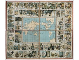 ANONYME. -  Jeu de l'Oie. Plateau de jeu inspiré du roman de Jules Verne, LeTour du Monde en 80 jours.