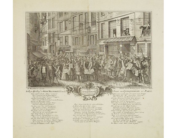 ANONYME. -  Rue Quinquempoix en l'année 1720. De regte afbeelding der wind negotie gehouden in de straat van Quinquempoix tot Parys.