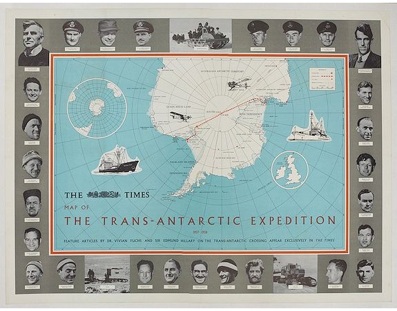 ANONYME -  The Times Map Of The Trans-Antarctic Expedition Antarctica South Pole Vivian Fuchs Edmund Hillary.