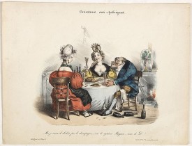 AUBERT, B. -  Caricature anti-cholérique. "Moi je traite le choléra par le champagne, c’est le système Mayeux, nom de D... ! "