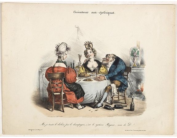 AUBERT, B. -  Caricature anti-cholérique. "Moi je traite le choléra par le champagne, c’est le système Mayeux, nom de D... ! "