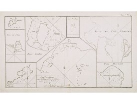 COOK, Captain James. -  Cap Providence avec la Baye et les mouillages . . . / Anse St. David / Baye de l'Isle / Havre Swallow / Baye Puzzling / Baye du Cap Upright / Baye Dauphina. Tome I Pl. 4.
