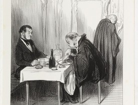 DAUMIER, H. -  AU CAFÉ D'AGUESSEAU. En attendant l'audience, Démosthène déjeune aux frais du client, le bifteck aux pommes pousse à l'éloquence…