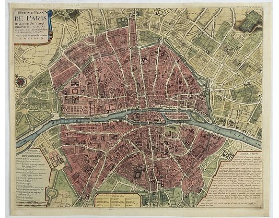 DELAMARE, N. -  Huitieme plan de Paris divisé en ses vingts quartiers. Par N. de Fer, Geographe de sa Majesté Catolique, et de Monseigneur le Dauphin.