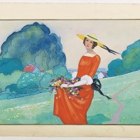 PICHON, R. (Workshop). -  (Art déco gouache depicts an elegant woman in a valley who has just picked flowers)