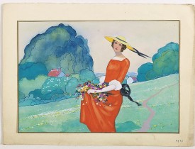 PICHON, R. (Workshop). -  (Art déco gouache depicts an elegant woman in a valley who has just picked flowers)